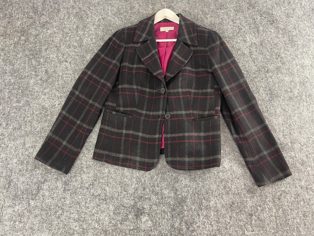 Talbots Blazer Jacket Womens 8 Black Plaid Sport Coat Wool Blend N267
